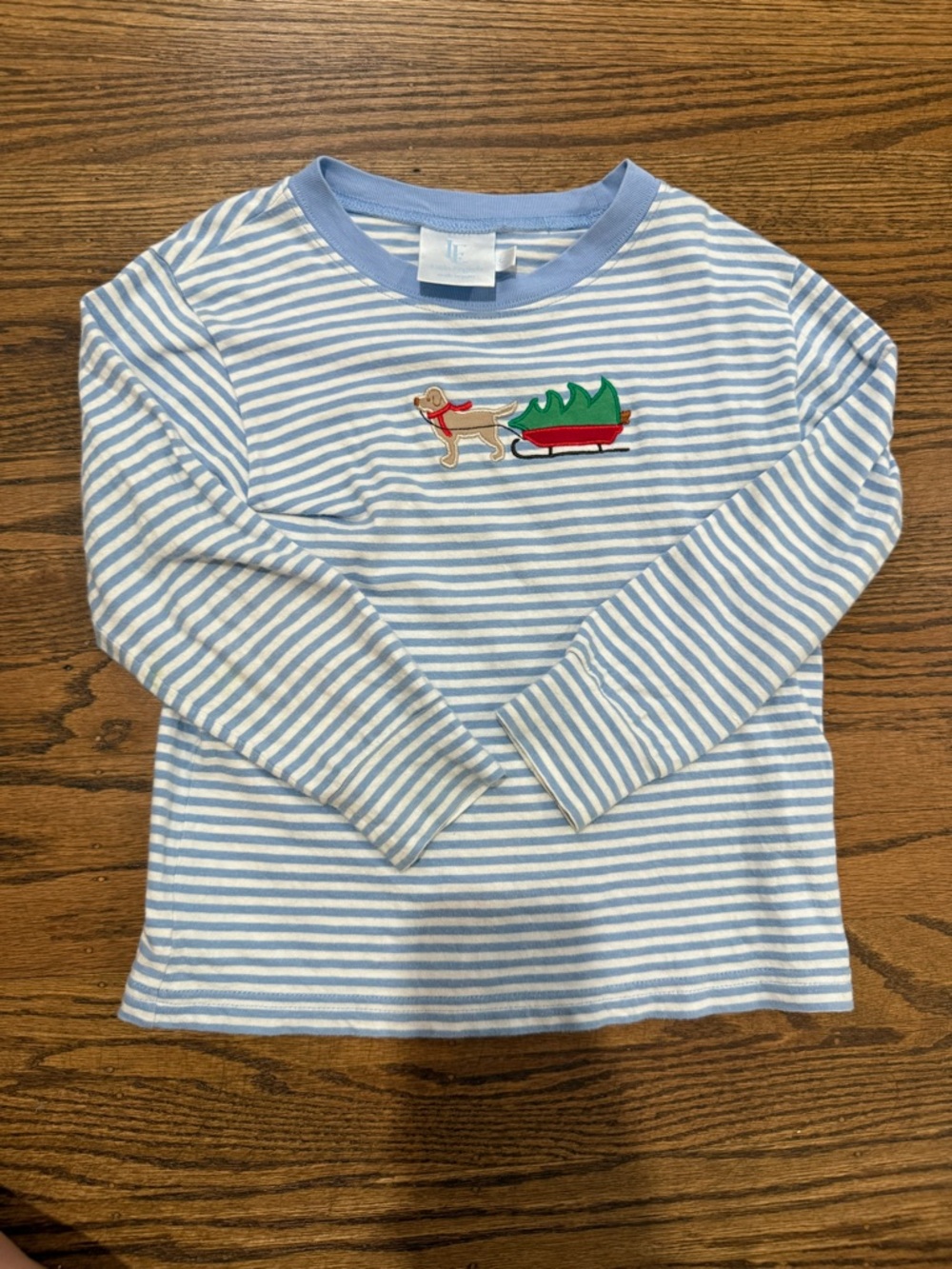 Little English Blue & White Stripe Long-Sleeve Shirt with Holiday Dog and Sled